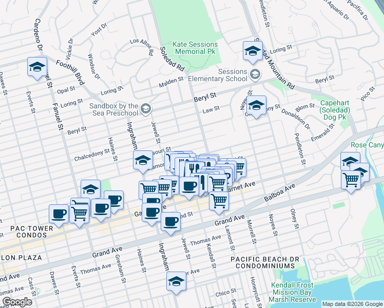 map of restaurants, bars, coffee shops, grocery stores, and more near 1816 Diamond Street in San Diego
