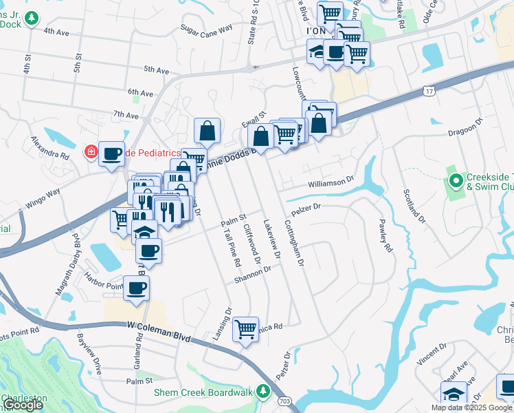 map of restaurants, bars, coffee shops, grocery stores, and more near 945 Cliffwood Drive in Mount Pleasant