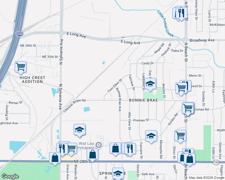 map of restaurants, bars, coffee shops, grocery stores, and more near 3236 Tom Ellen Street in Fort Worth