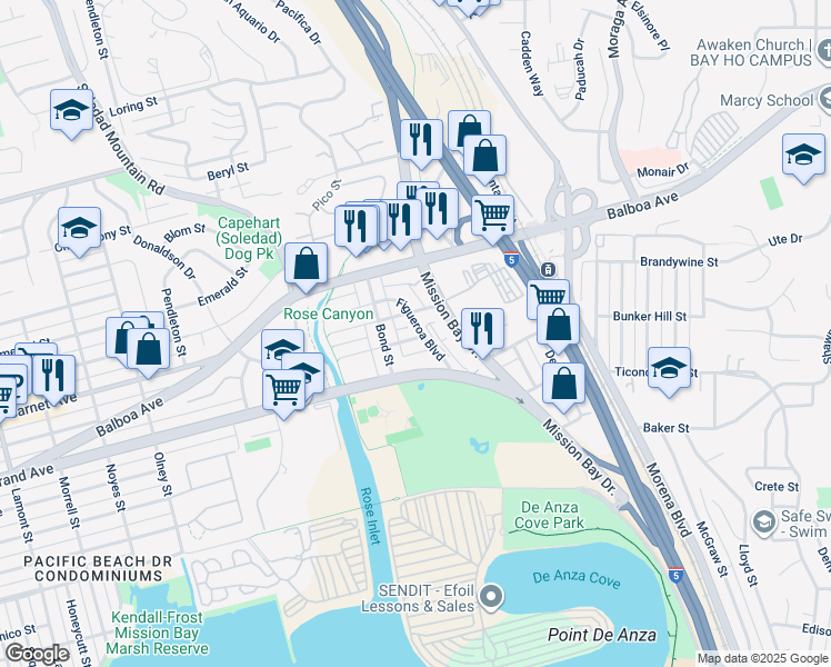map of restaurants, bars, coffee shops, grocery stores, and more near 2758 Hornblend Street in San Diego