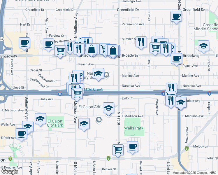map of restaurants, bars, coffee shops, grocery stores, and more near 1059 Naranca Avenue in El Cajon