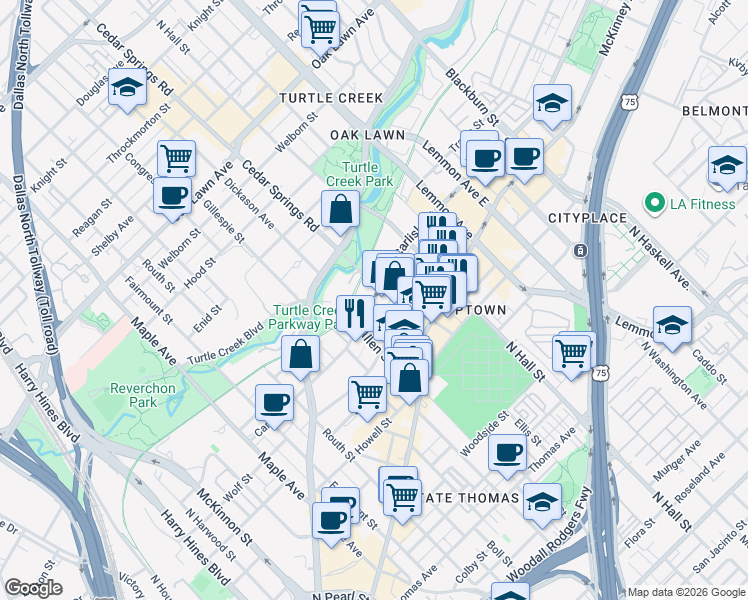 map of restaurants, bars, coffee shops, grocery stores, and more near 3108 Carlisle Street in Dallas
