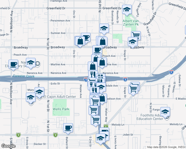 map of restaurants, bars, coffee shops, grocery stores, and more near 690 North 2nd Street in El Cajon