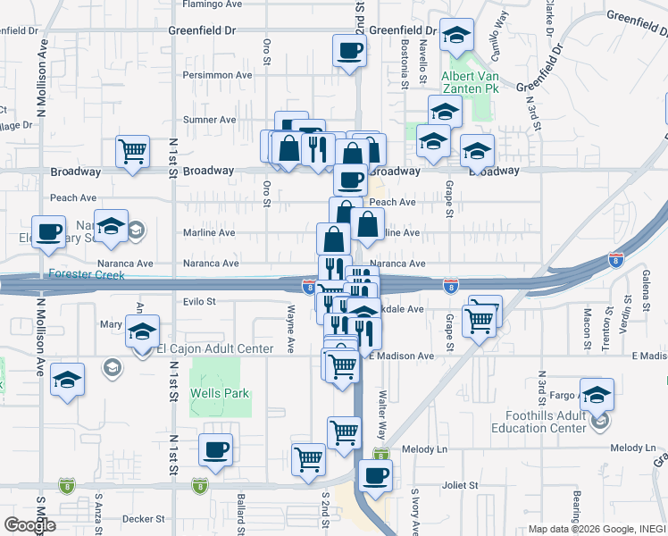 map of restaurants, bars, coffee shops, grocery stores, and more near 690 North 2nd Street in El Cajon