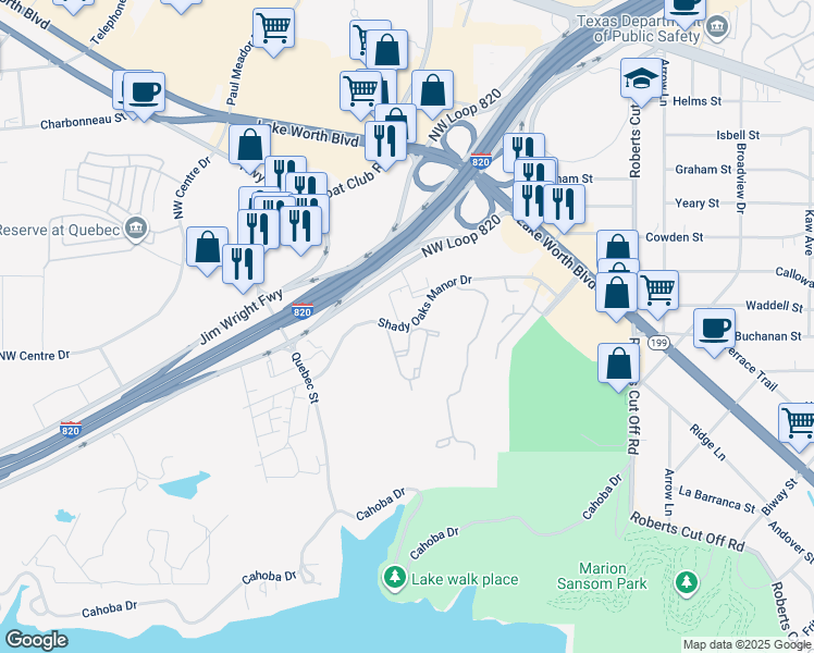 map of restaurants, bars, coffee shops, grocery stores, and more near 6311 Shady Oaks Manor Drive in Fort Worth