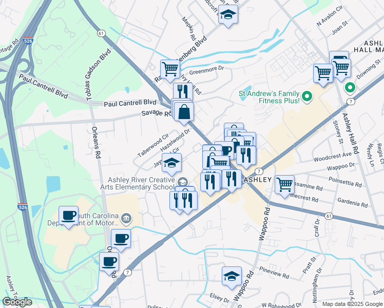 map of restaurants, bars, coffee shops, grocery stores, and more near 1871 Ashley River Road in Charleston