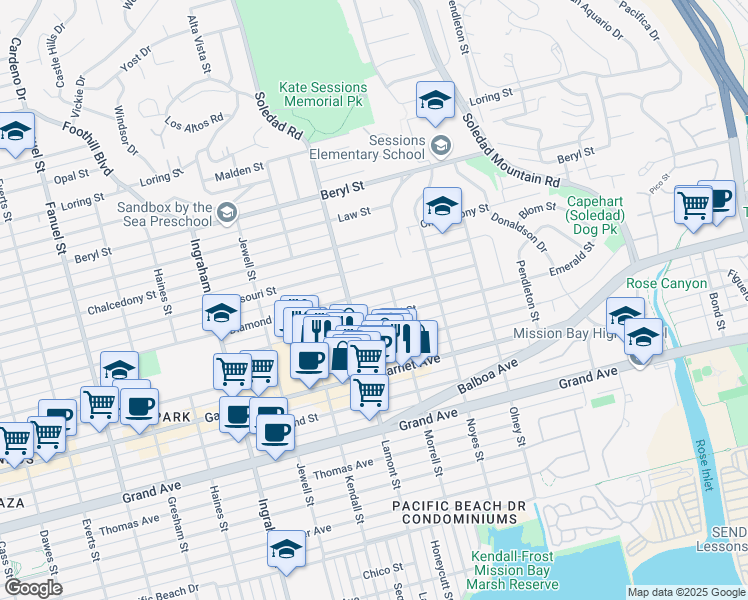map of restaurants, bars, coffee shops, grocery stores, and more near 1943 Diamond Street in San Diego