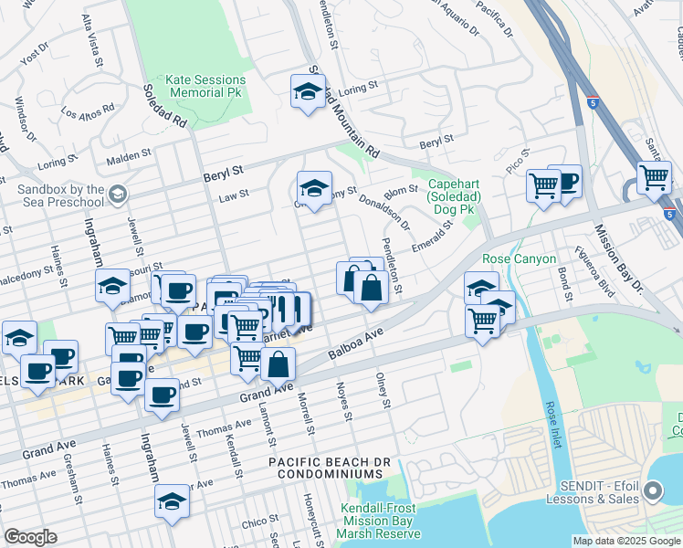 map of restaurants, bars, coffee shops, grocery stores, and more near 2159 Emerald Street in San Diego