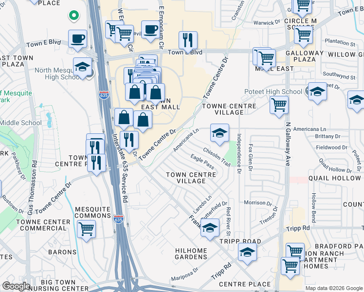 map of restaurants, bars, coffee shops, grocery stores, and more near 2827 Eagle Pass in Mesquite
