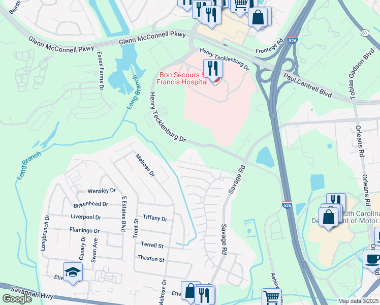 map of restaurants, bars, coffee shops, grocery stores, and more near 2290 Henry Tecklenburg Drive in Charleston