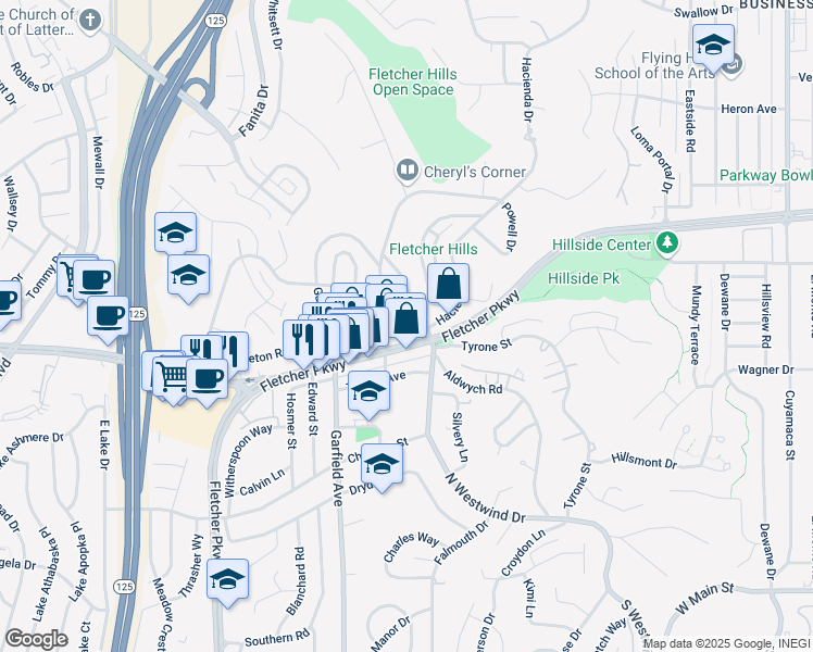 map of restaurants, bars, coffee shops, grocery stores, and more near 2210 Fletcher Parkway in El Cajon