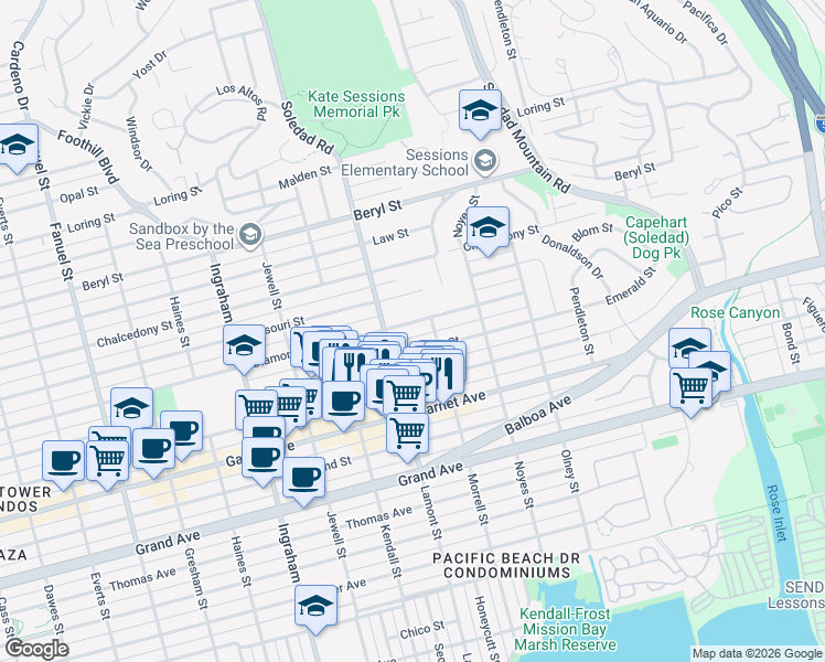 map of restaurants, bars, coffee shops, grocery stores, and more near 1943 Diamond Street in San Diego