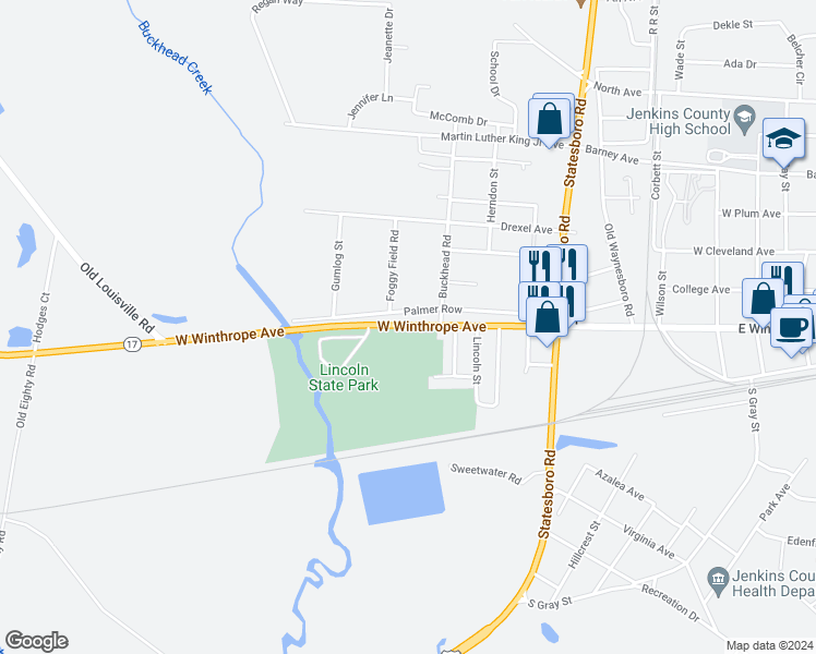 map of restaurants, bars, coffee shops, grocery stores, and more near 546 West Winthrope Avenue in Millen