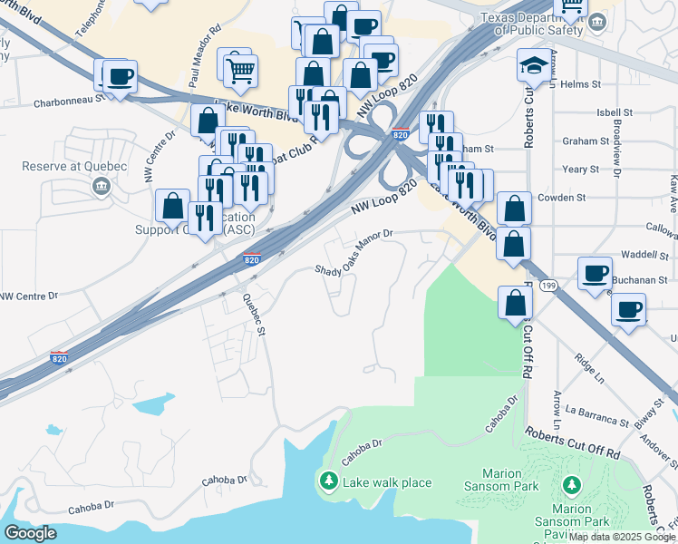 map of restaurants, bars, coffee shops, grocery stores, and more near 6310 Shady Oaks Manor Drive in Fort Worth