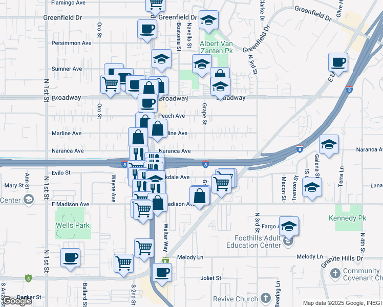 map of restaurants, bars, coffee shops, grocery stores, and more near 1373 Naranca Ave in El Cajon