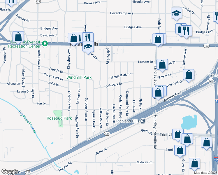 map of restaurants, bars, coffee shops, grocery stores, and more near 2903 Ash Park Drive in Richland Hills