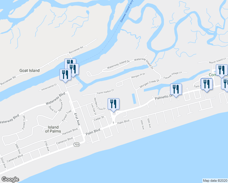 map of restaurants, bars, coffee shops, grocery stores, and more near 21 Yacht Harbor Court in Isle of Palms