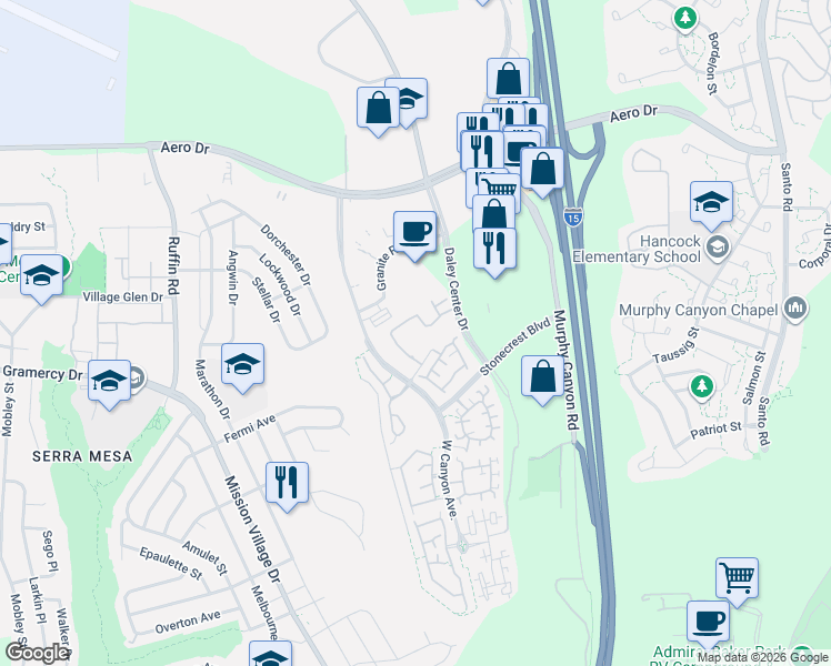 map of restaurants, bars, coffee shops, grocery stores, and more near 3394 Daley Center Drive in San Diego