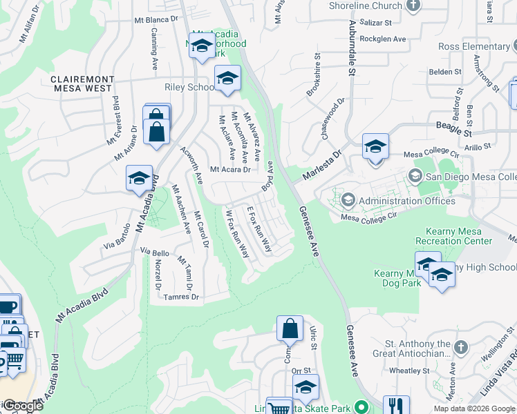 map of restaurants, bars, coffee shops, grocery stores, and more near 3210 Old Bridgeport Way in San Diego