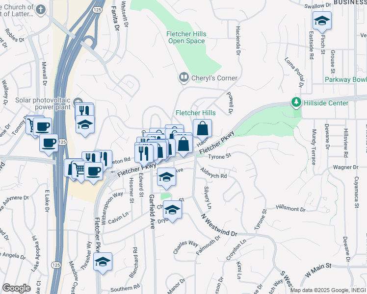 map of restaurants, bars, coffee shops, grocery stores, and more near 2210 Fletcher Parkway in El Cajon