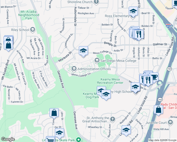 map of restaurants, bars, coffee shops, grocery stores, and more near 7200-7298 Mesa College Cir in San Diego