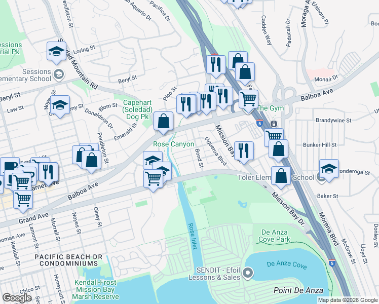 map of restaurants, bars, coffee shops, grocery stores, and more near 4450 Bond Street in San Diego