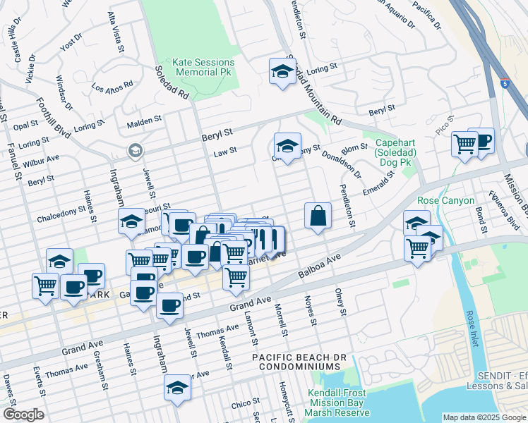 map of restaurants, bars, coffee shops, grocery stores, and more near 2004 Emerald Street in San Diego