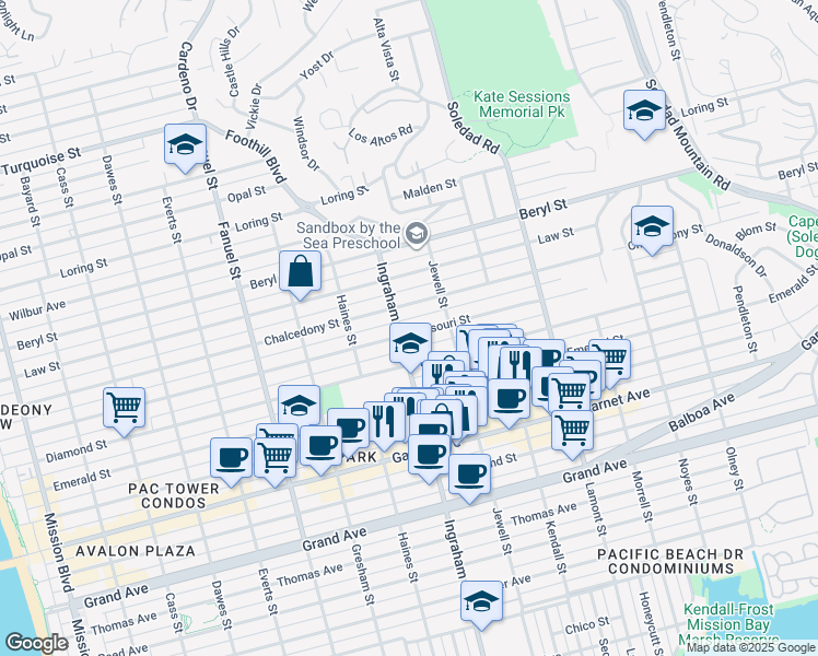 map of restaurants, bars, coffee shops, grocery stores, and more near 1623 Missouri Street in San Diego