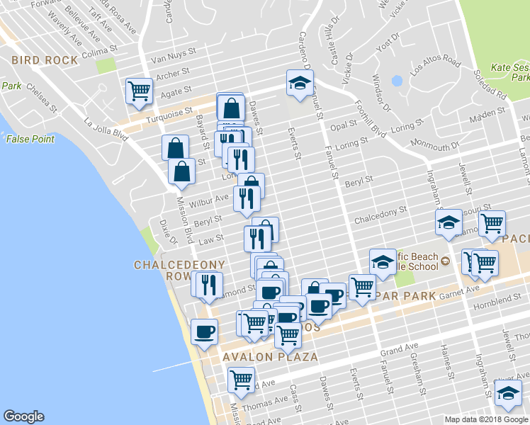 map of restaurants, bars, coffee shops, grocery stores, and more near in San Diego