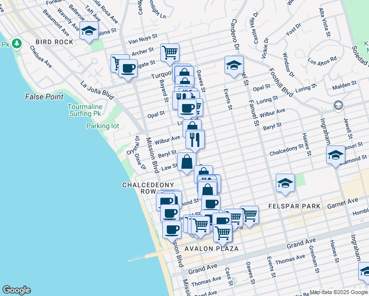 map of restaurants, bars, coffee shops, grocery stores, and more near 927 Beryl Street in San Diego