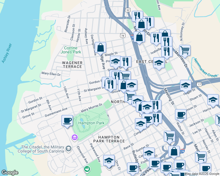 map of restaurants, bars, coffee shops, grocery stores, and more near 736 Rutledge Avenue in Charleston