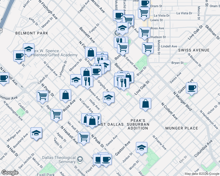 map of restaurants, bars, coffee shops, grocery stores, and more near 4710 Virginia Avenue in Dallas