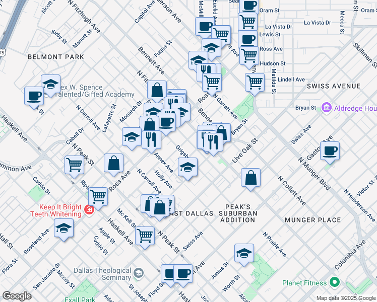 map of restaurants, bars, coffee shops, grocery stores, and more near 4710 Virginia Avenue in Dallas