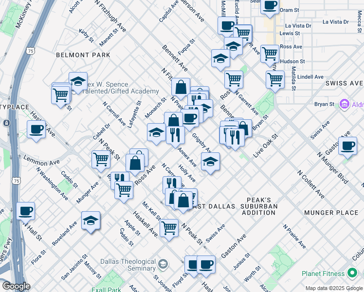 map of restaurants, bars, coffee shops, grocery stores, and more near 1600 Annex Avenue in Dallas