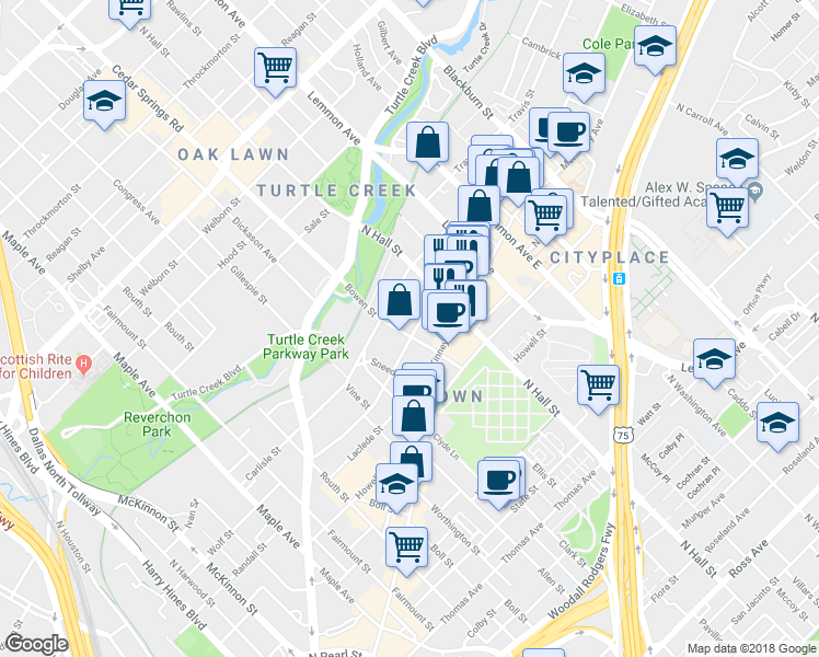 map of restaurants, bars, coffee shops, grocery stores, and more near in Dallas