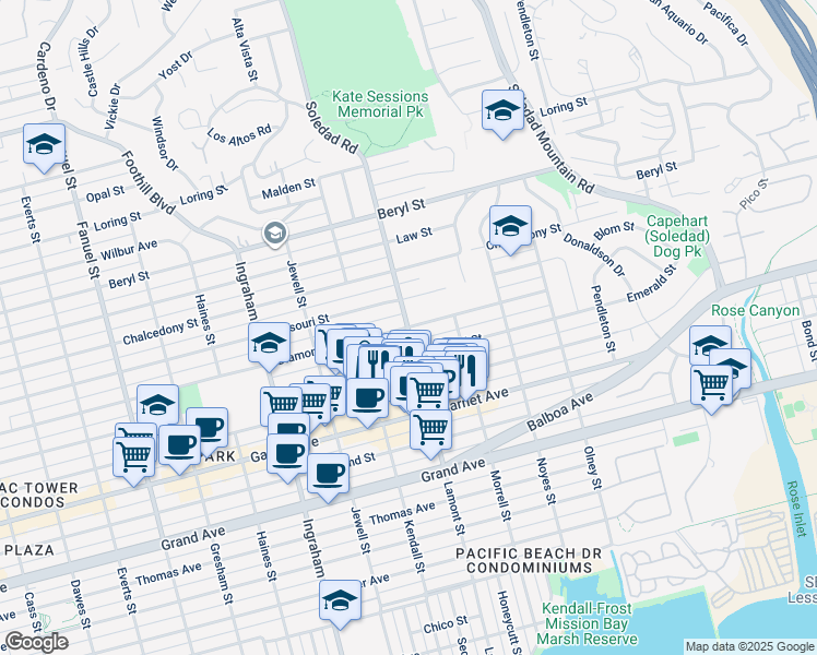 map of restaurants, bars, coffee shops, grocery stores, and more near Lamont St & Diamond St in San Diego
