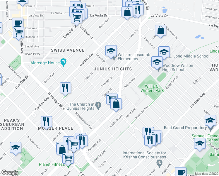 map of restaurants, bars, coffee shops, grocery stores, and more near 5635 Victor Street in Dallas