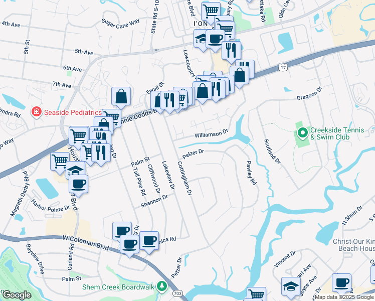 map of restaurants, bars, coffee shops, grocery stores, and more near 692 Pelzer Drive in Mount Pleasant