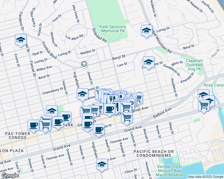 map of restaurants, bars, coffee shops, grocery stores, and more near 1828 Diamond Street in San Diego