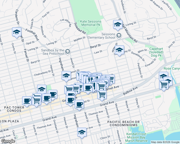 map of restaurants, bars, coffee shops, grocery stores, and more near 1828 Diamond Street in San Diego