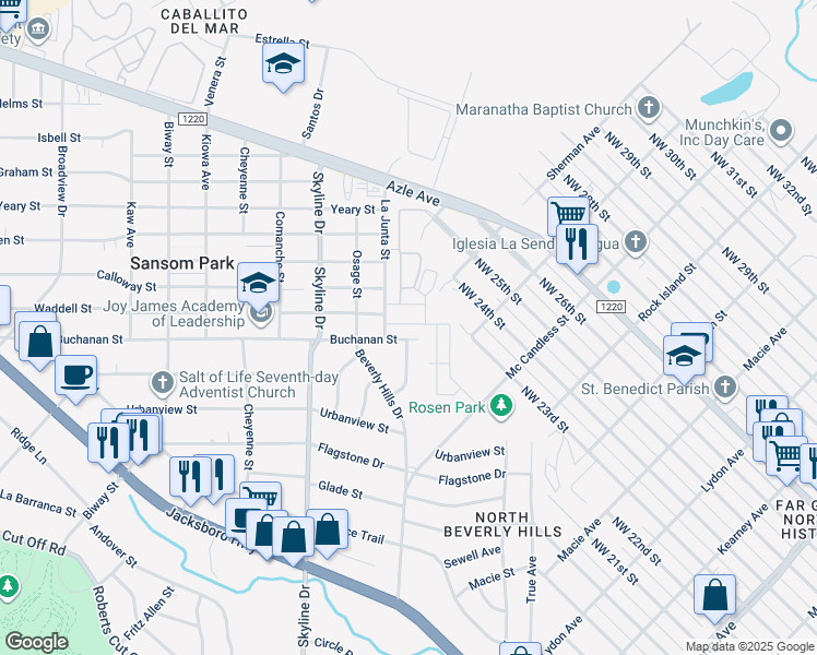 map of restaurants, bars, coffee shops, grocery stores, and more near 2900 La Junta Street in Fort Worth