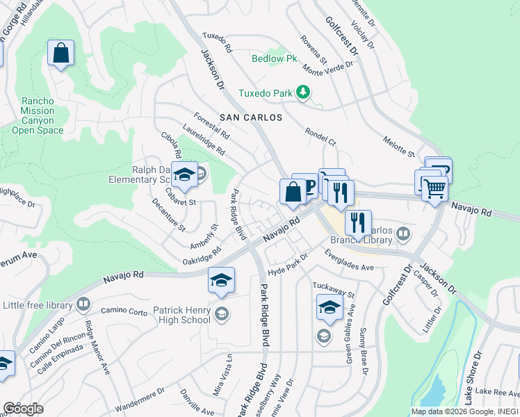 map of restaurants, bars, coffee shops, grocery stores, and more near 7328 Caminito Carlotta in San Diego