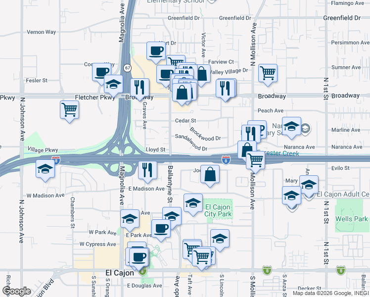 map of restaurants, bars, coffee shops, grocery stores, and more near 616 Oakwood Way in El Cajon