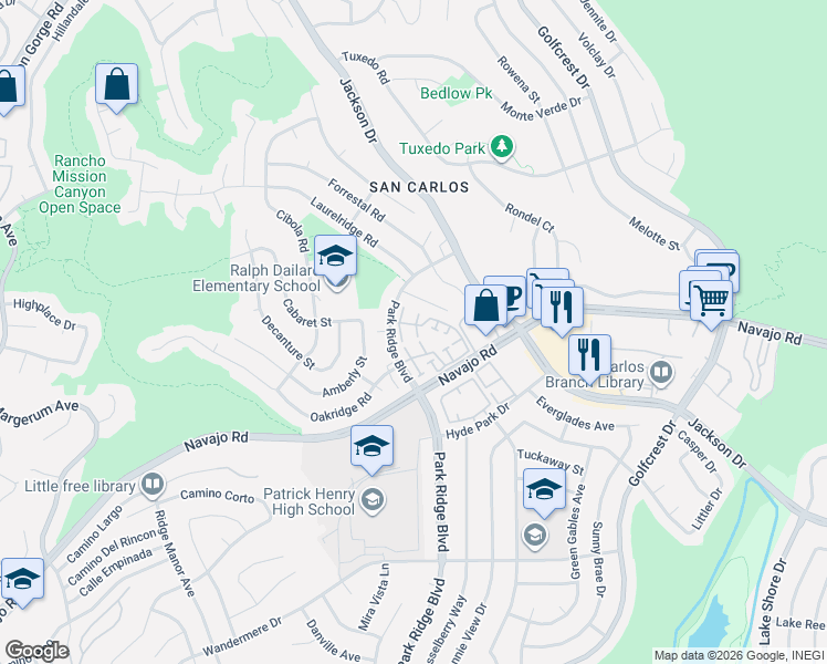 map of restaurants, bars, coffee shops, grocery stores, and more near 7378 Caminito Carlotta in San Diego