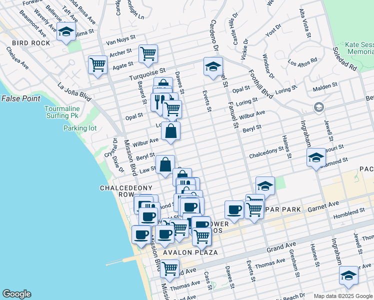 map of restaurants, bars, coffee shops, grocery stores, and more near in San Diego