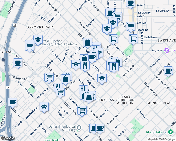 map of restaurants, bars, coffee shops, grocery stores, and more near 4600 Ross Avenue in Dallas