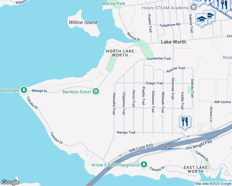 map of restaurants, bars, coffee shops, grocery stores, and more near 3200 Hiawatha Trail in Fort Worth