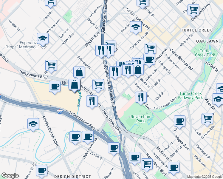 map of restaurants, bars, coffee shops, grocery stores, and more near 18581 Dallas Parkway in Dallas