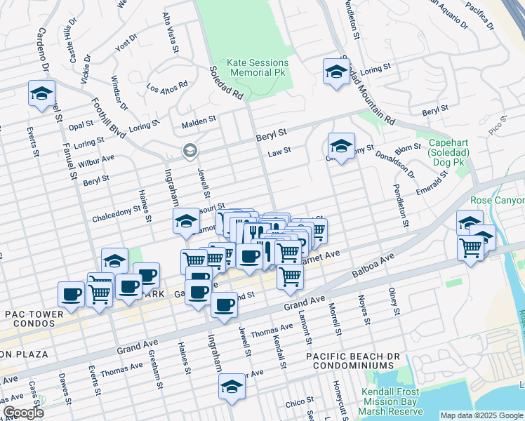 map of restaurants, bars, coffee shops, grocery stores, and more near 1852 Diamond Street in San Diego