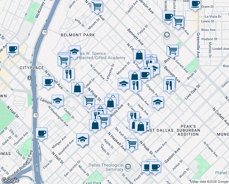 map of restaurants, bars, coffee shops, grocery stores, and more near 1901 North Carroll Avenue in Dallas